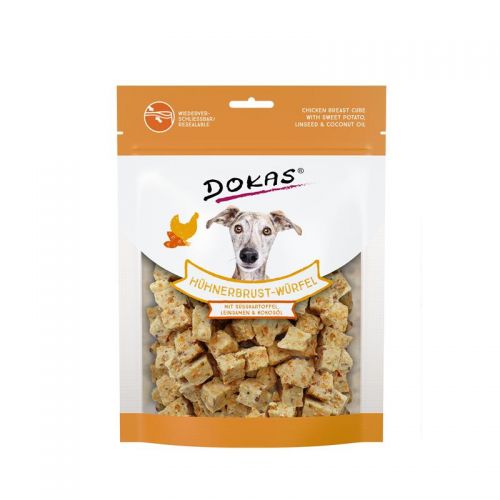 Dokas Dog Snack Hühnerbrust-Würfel mit Süsskartoffel, Leinsamen 150g 