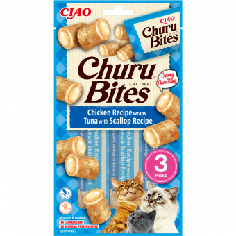 Inaba Churu Cat Snack Bites Huhn, Thunfisch & Jakobsmuschel 3x10g 