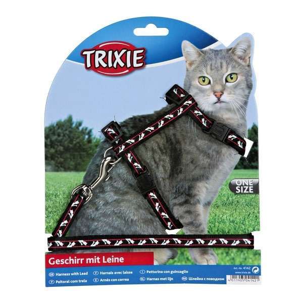 Trixie Katzen-Garnitur mit Leine + Schnappverschlüssen - Katzenmotiv 