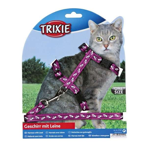 Trixie Katzen-Garnitur mit Leine + Schnappverschlüssen - Katzenmotiv 