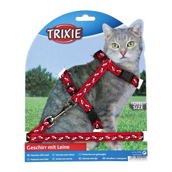 Trixie Katzen-Garnitur mit Leine + Schnappverschlüssen - Katzenmotiv 